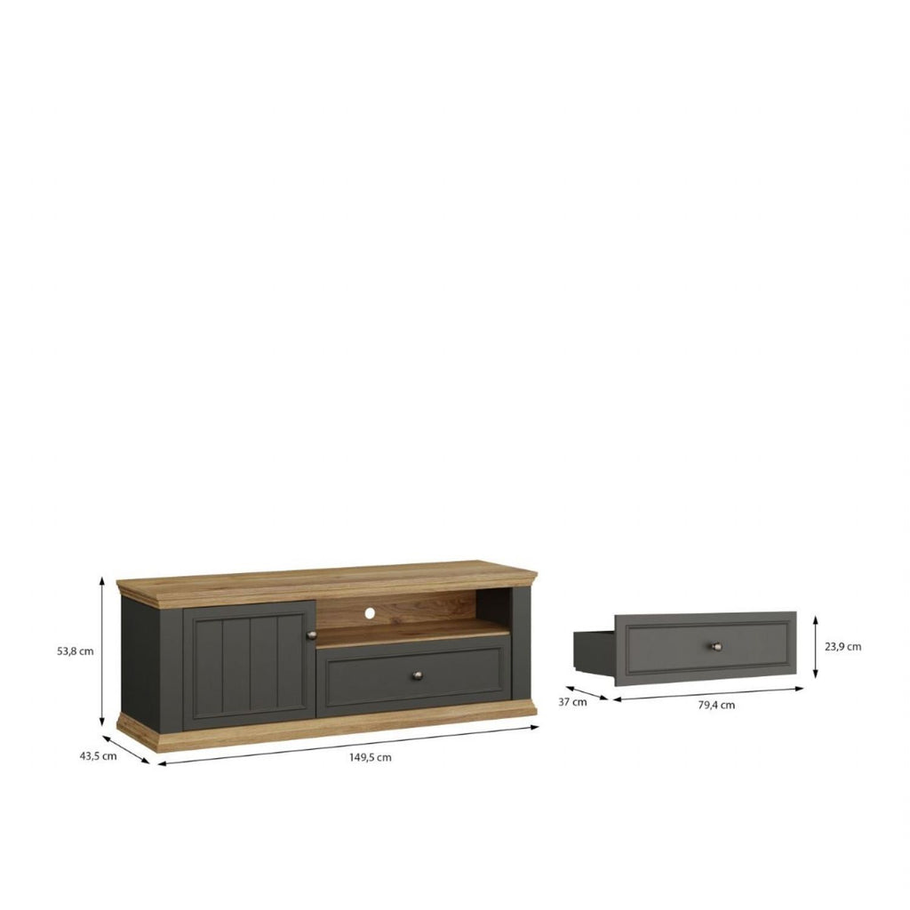 Pontypool TV Unit with Drawer & Open Shelf in Grey and Mauvella Oak