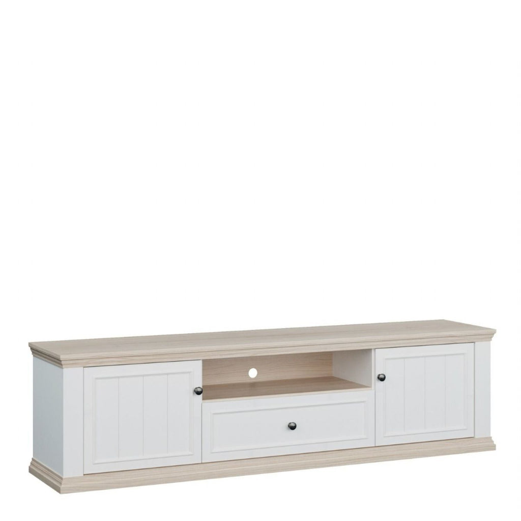 Pontypool Wide TV Unit with 2 Doors, Drawer &amp; Open Shelf in White and Riva Oak