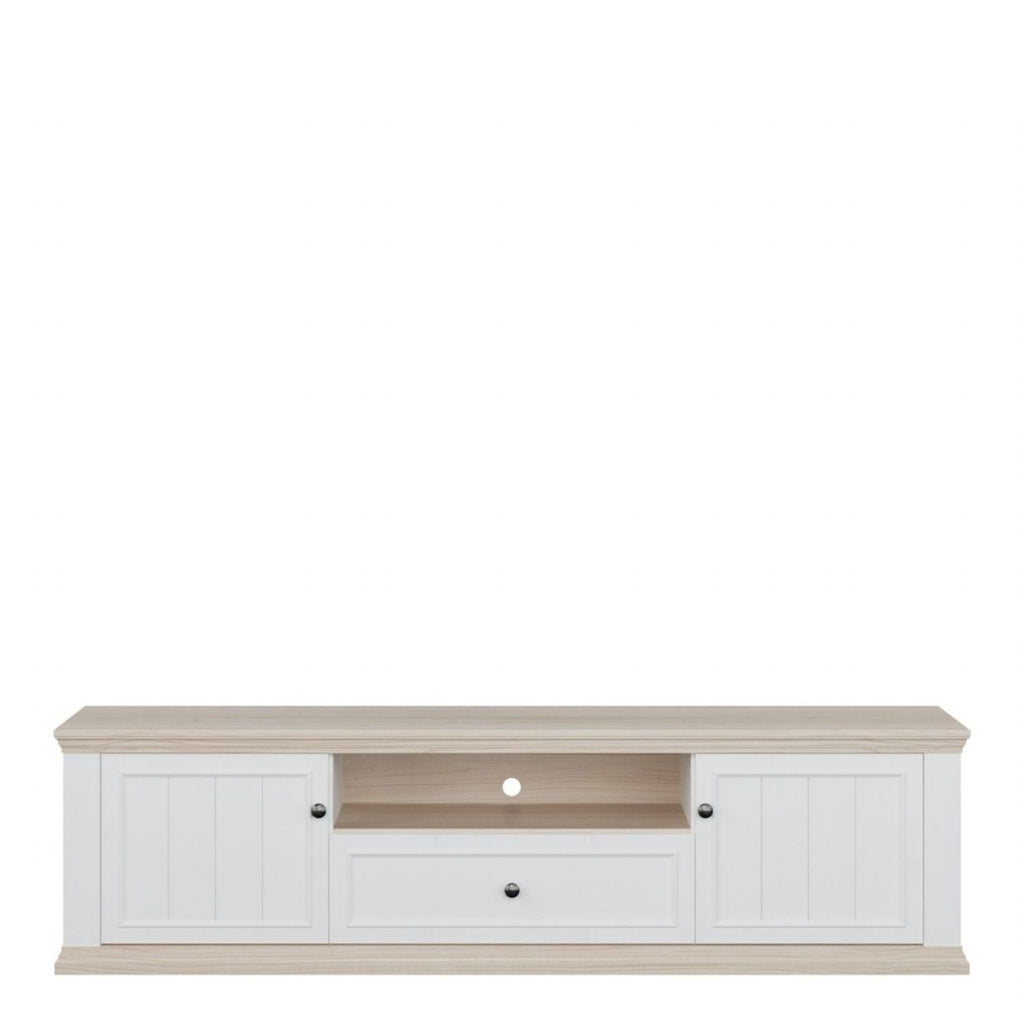 Pontypool Wide TV Unit with 2 Doors, Drawer & Open Shelf in White and Riva Oak