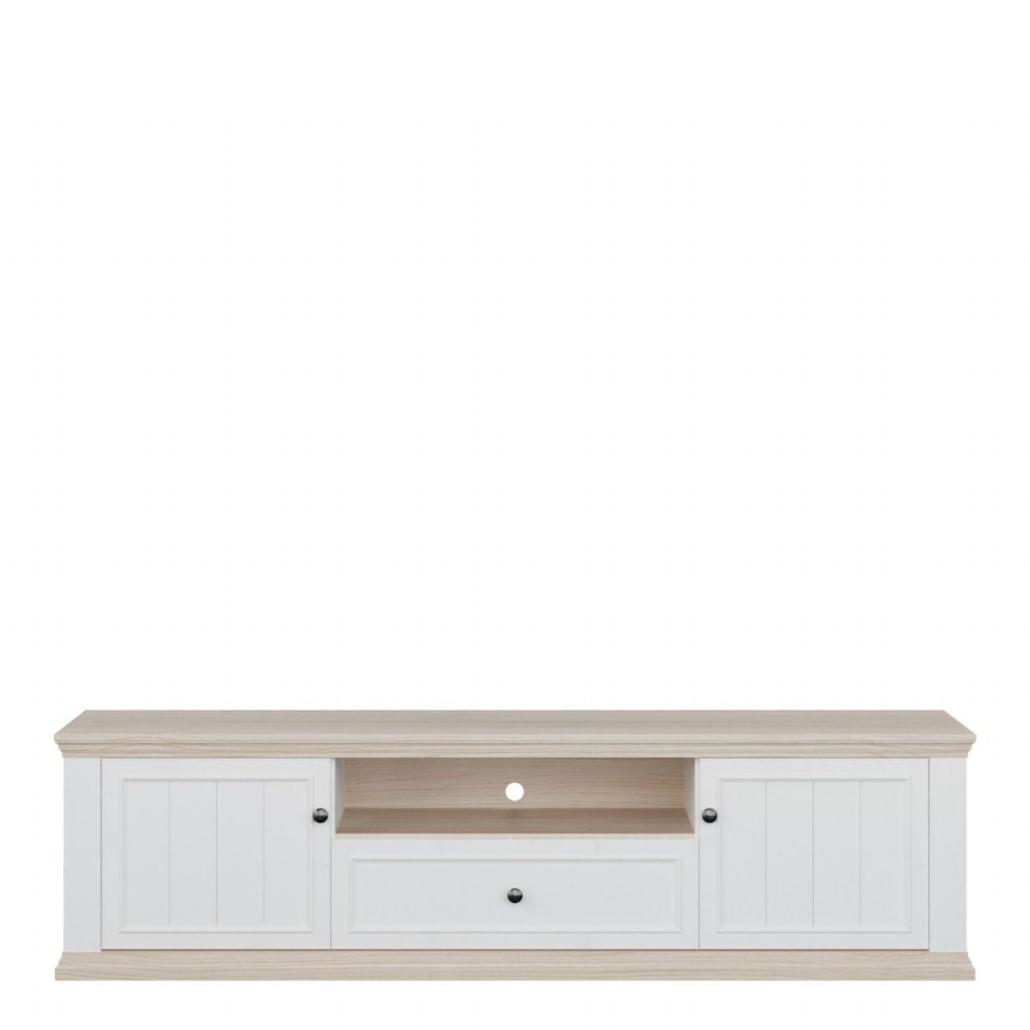 Pontypool Wide TV Unit with 2 Doors, Drawer & Open Shelf in White and Riva Oak