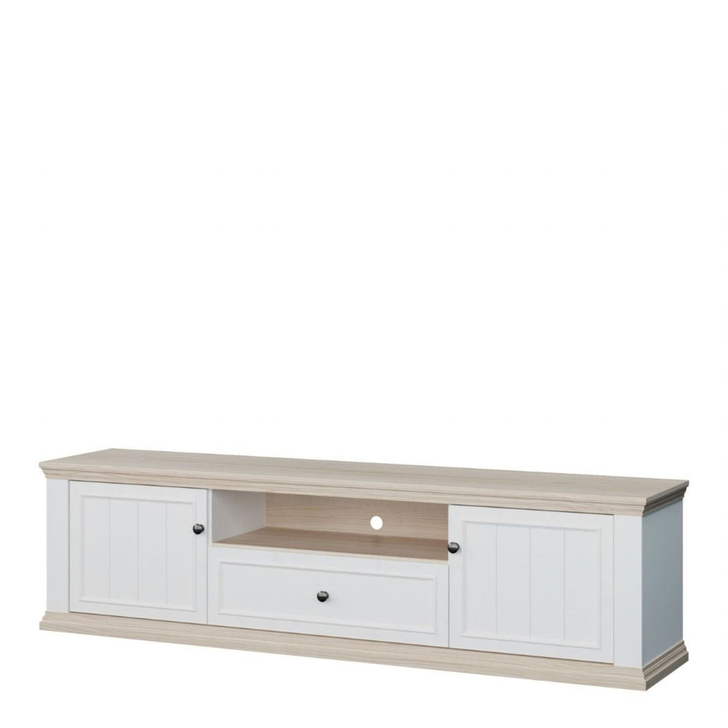 Pontypool Wide TV Unit with 2 Doors, Drawer & Open Shelf in White and Riva Oak