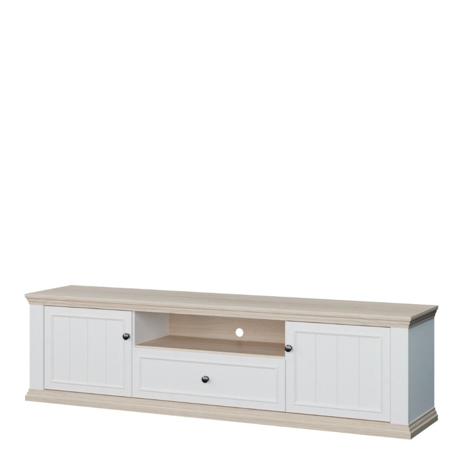 Pontypool Wide TV Unit with 2 Doors, Drawer & Open Shelf in White and Riva Oak