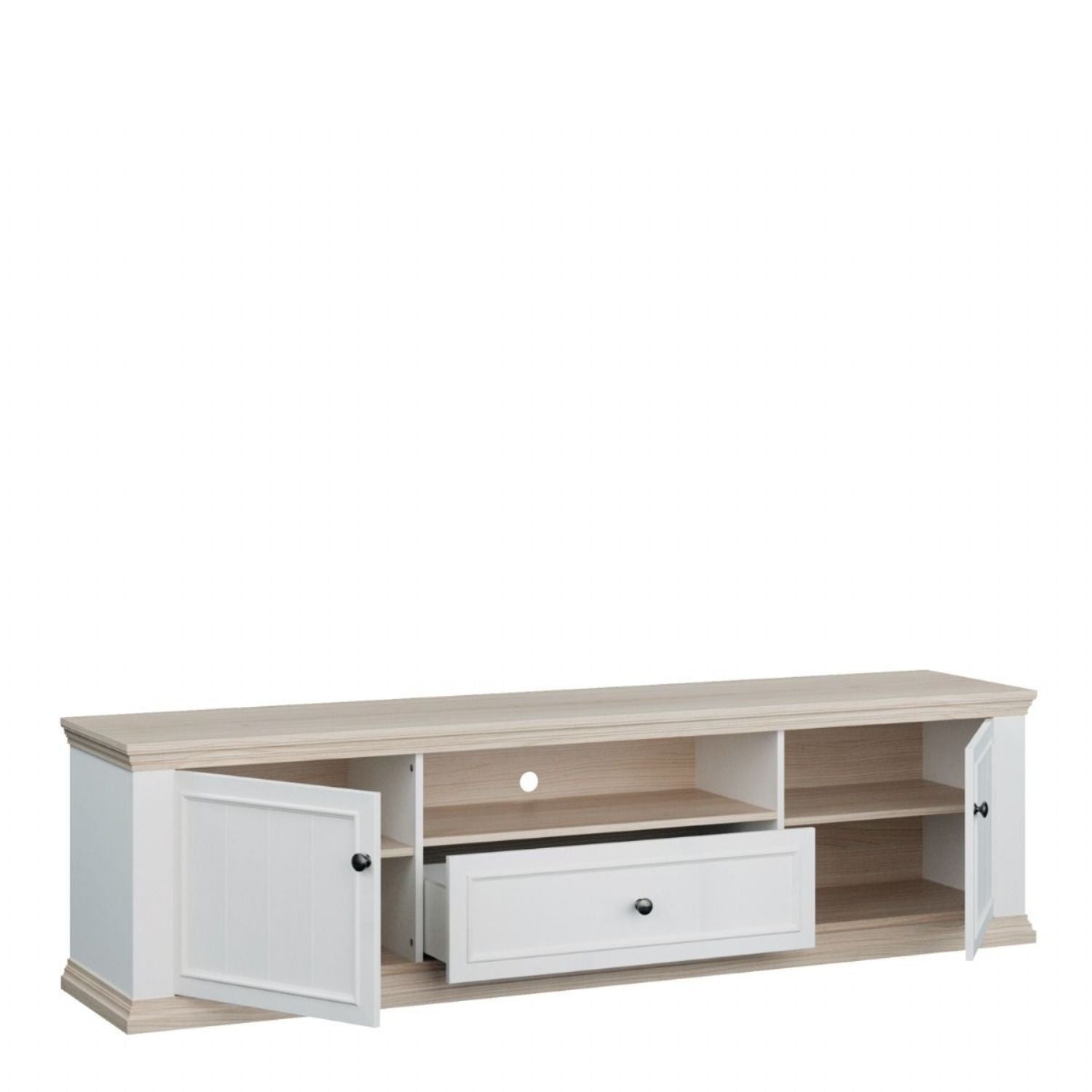 Pontypool Wide TV Unit with 2 Doors, Drawer & Open Shelf in White and Riva Oak