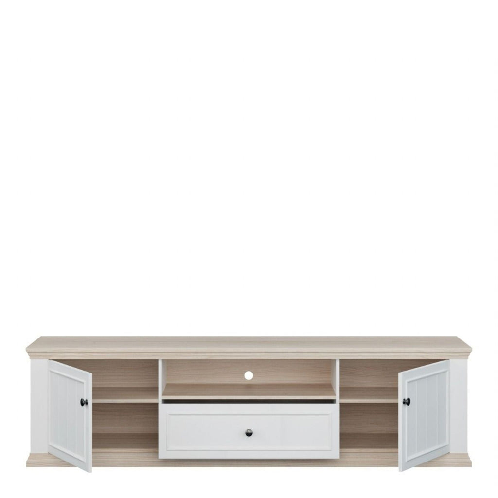 Pontypool Wide TV Unit with 2 Doors, Drawer & Open Shelf in White and Riva Oak