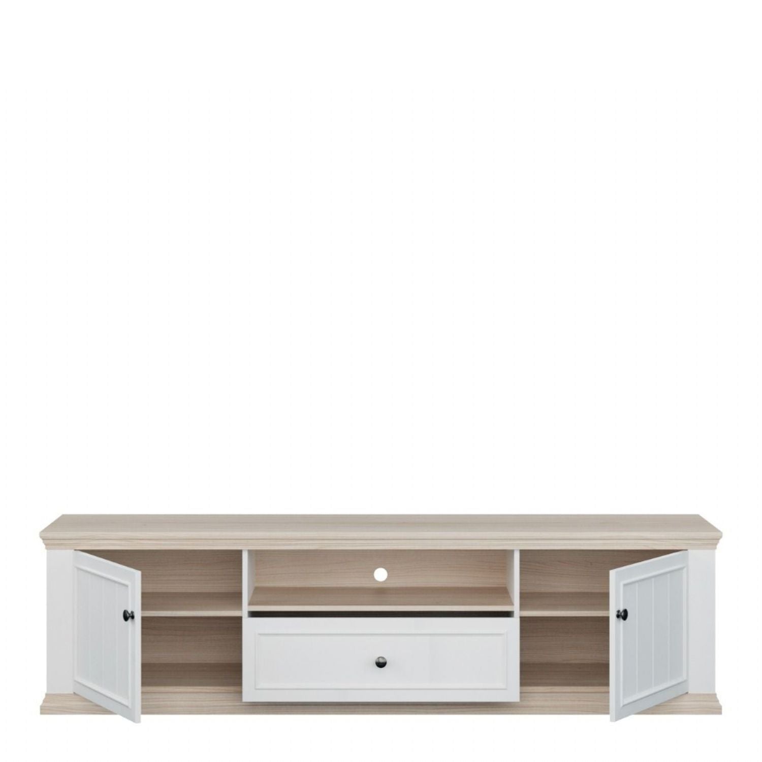Pontypool Wide TV Unit with 2 Doors, Drawer & Open Shelf in White and Riva Oak
