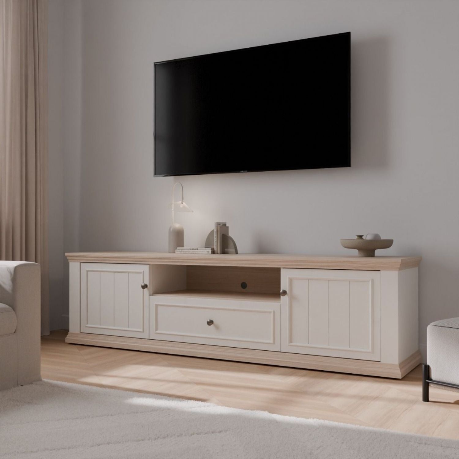 Pontypool Wide TV Unit with 2 Doors, Drawer & Open Shelf in White and Riva Oak
