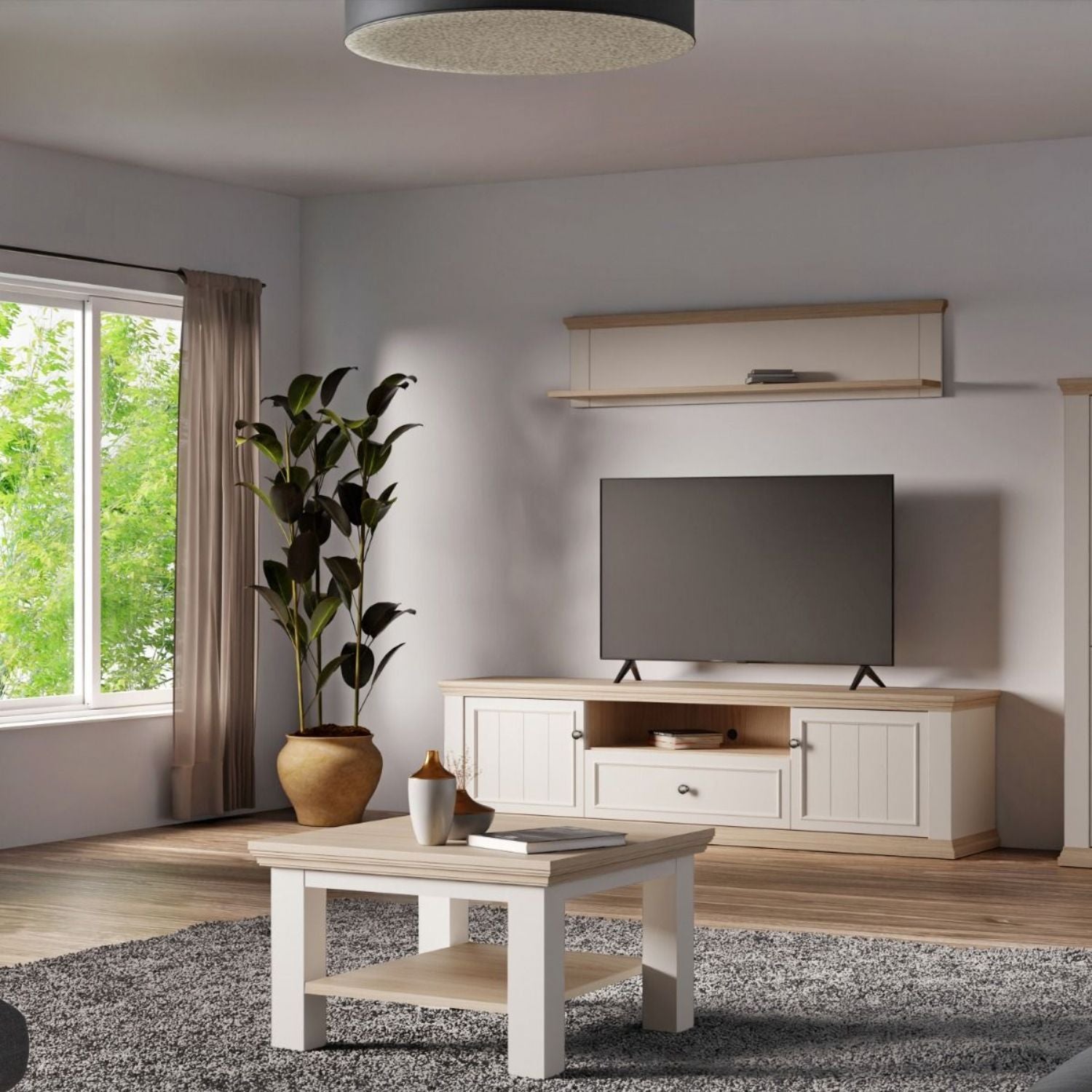 Pontypool Wide TV Unit with 2 Doors, Drawer & Open Shelf in White and Riva Oak