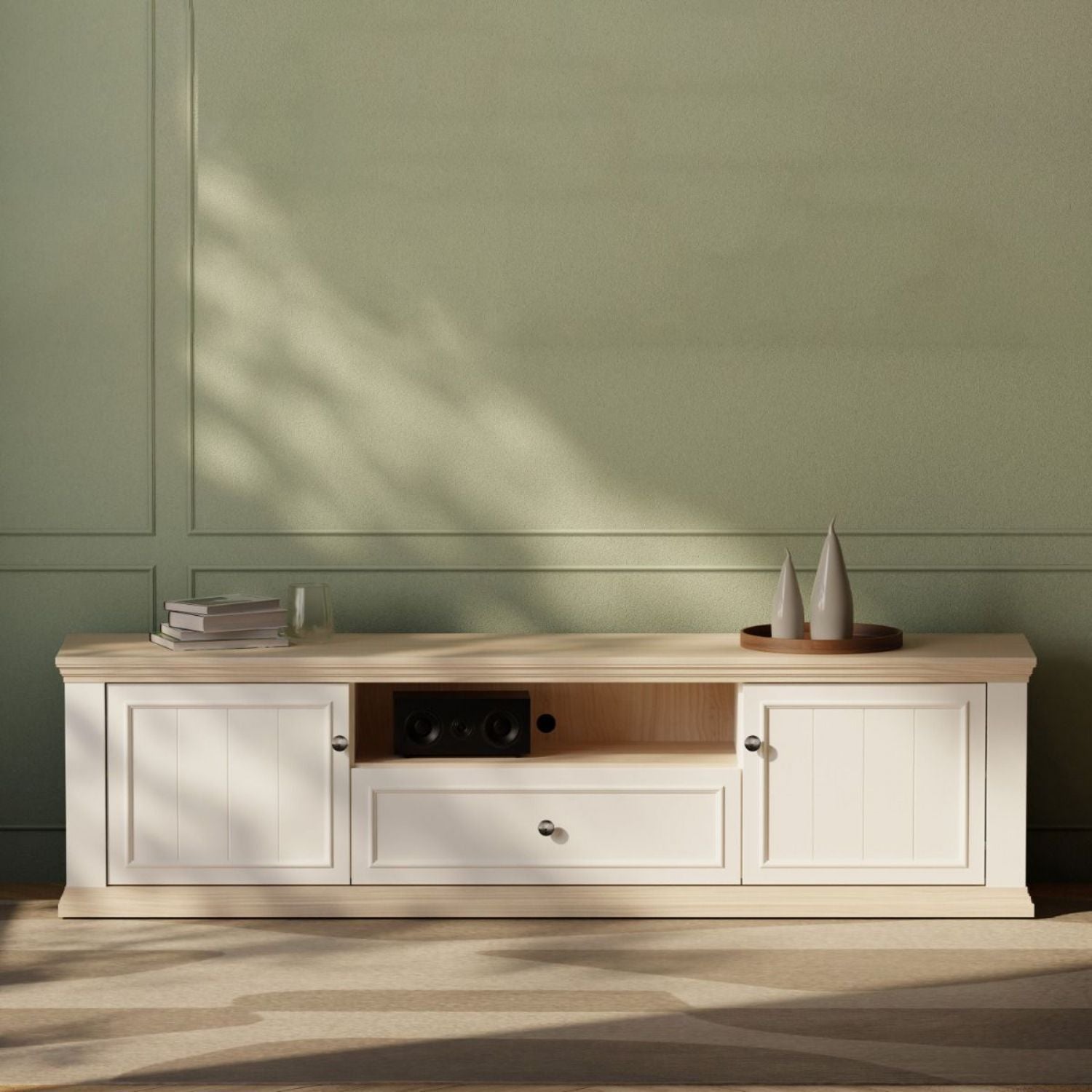Pontypool Wide TV Unit with 2 Doors, Drawer & Open Shelf in White and Riva Oak