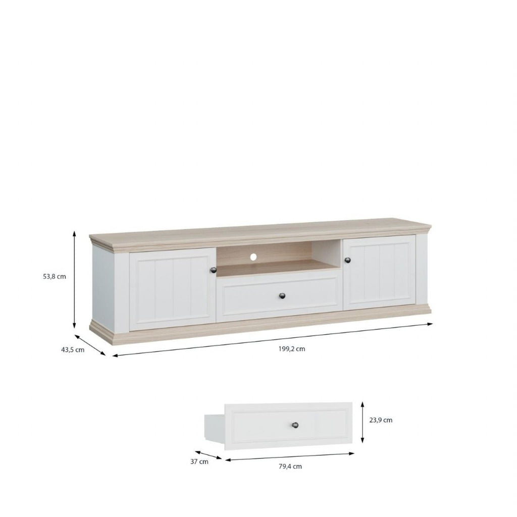 Pontypool Wide TV Unit with 2 Doors, Drawer & Open Shelf in White and Riva Oak