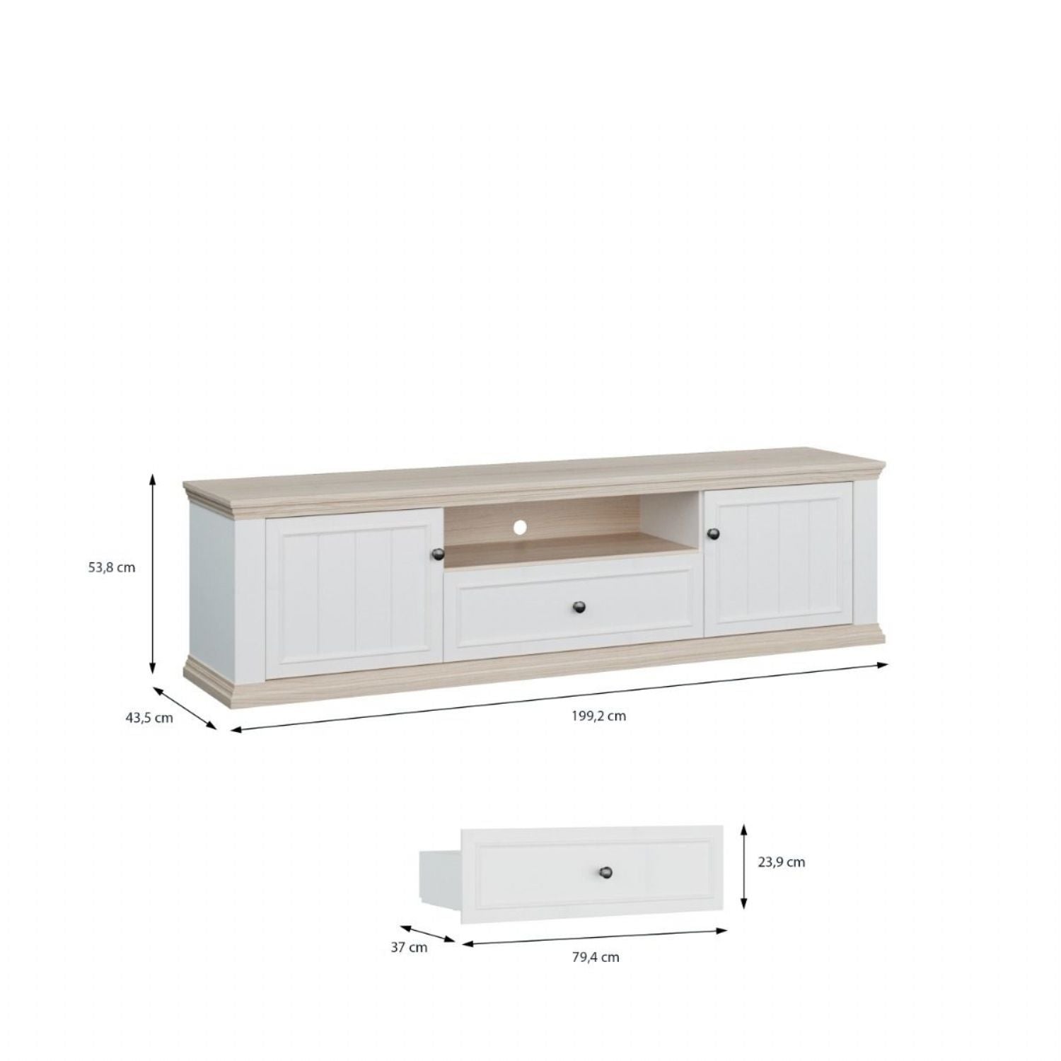 Pontypool Wide TV Unit with 2 Doors, Drawer & Open Shelf in White and Riva Oak
