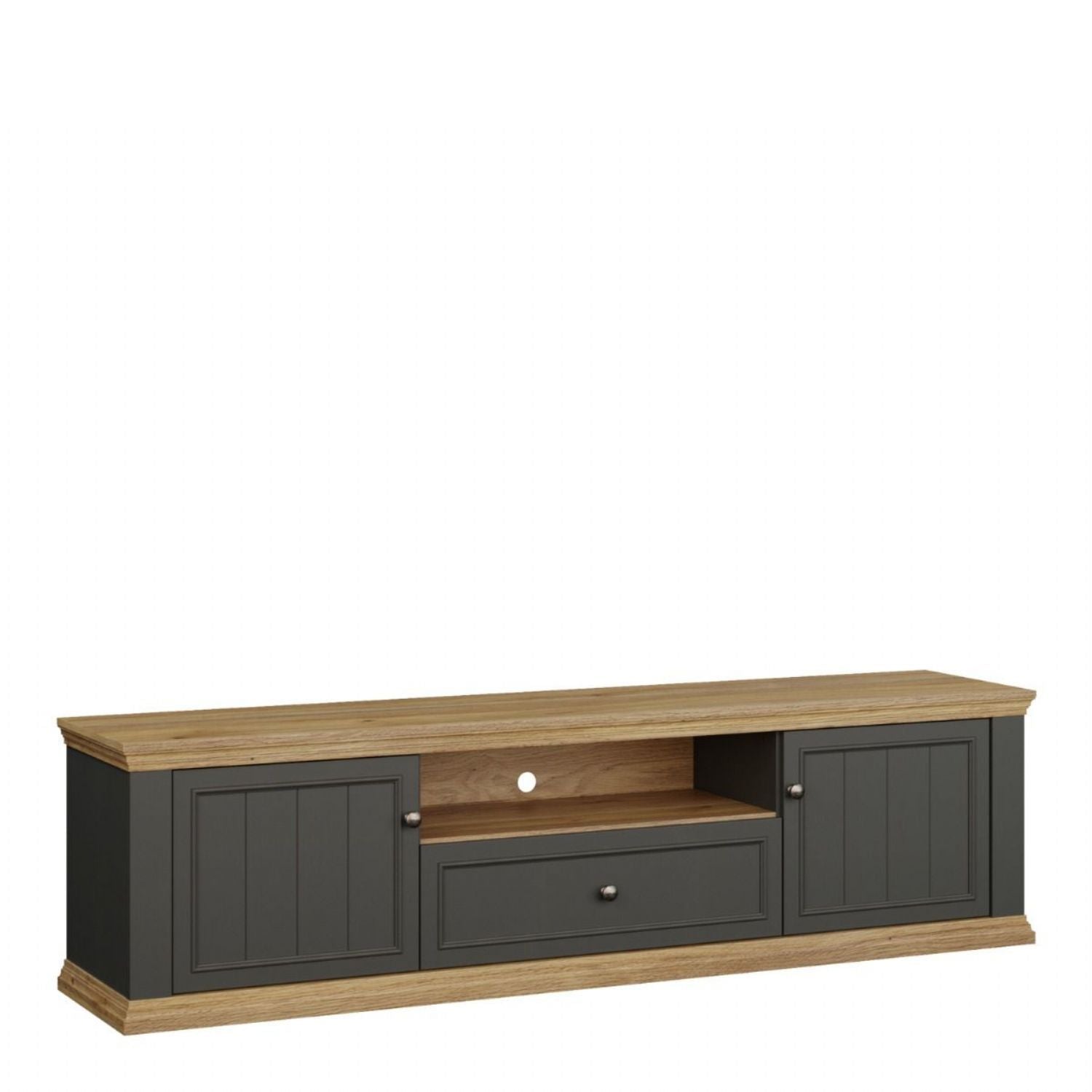 Pontypool Wide TV Unit with 2 Doors, Drawer &amp; Open Shelf in Grey and Mauvella Oak