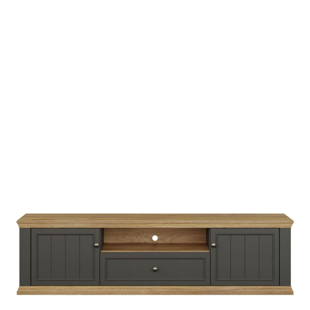 Pontypool Wide TV Unit with 2 Doors, Drawer & Open Shelf in Grey and Mauvella Oak
