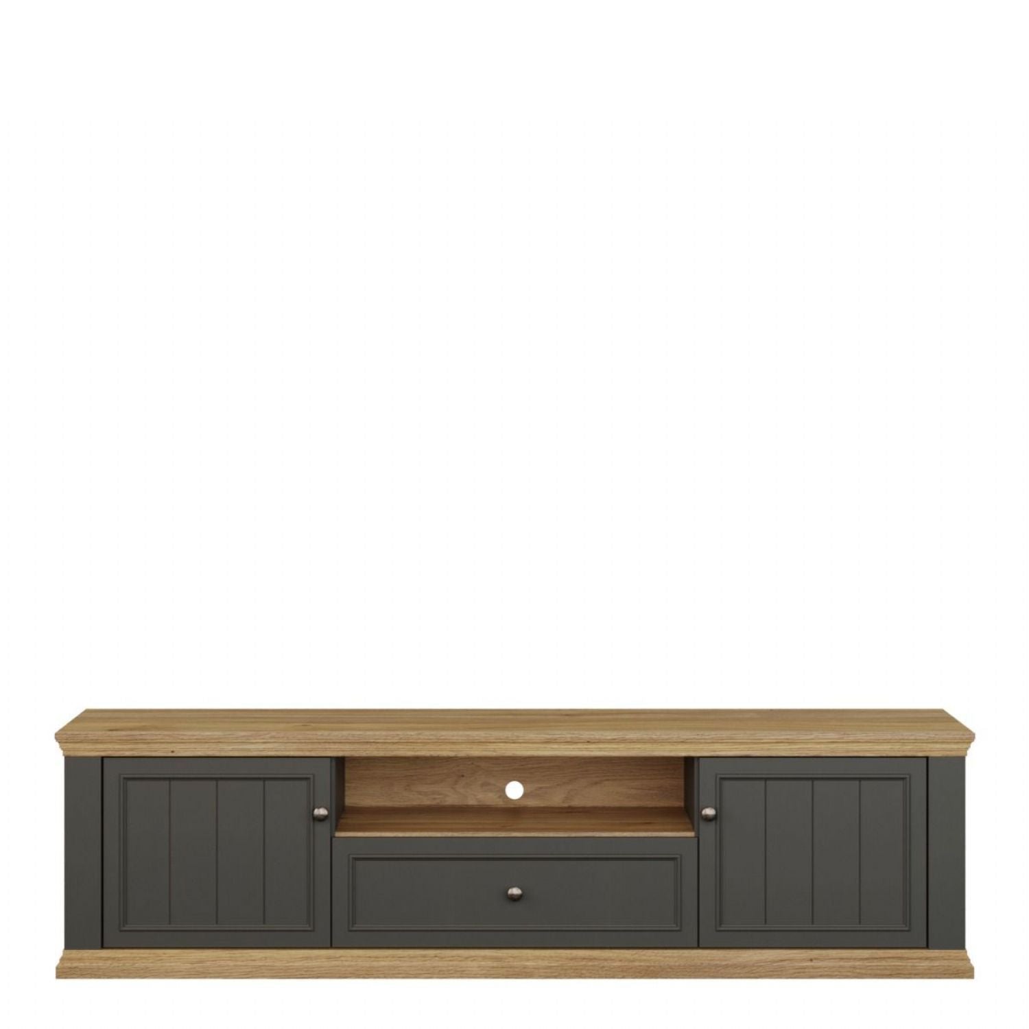 Pontypool Wide TV Unit with 2 Doors, Drawer & Open Shelf in Grey and Mauvella Oak