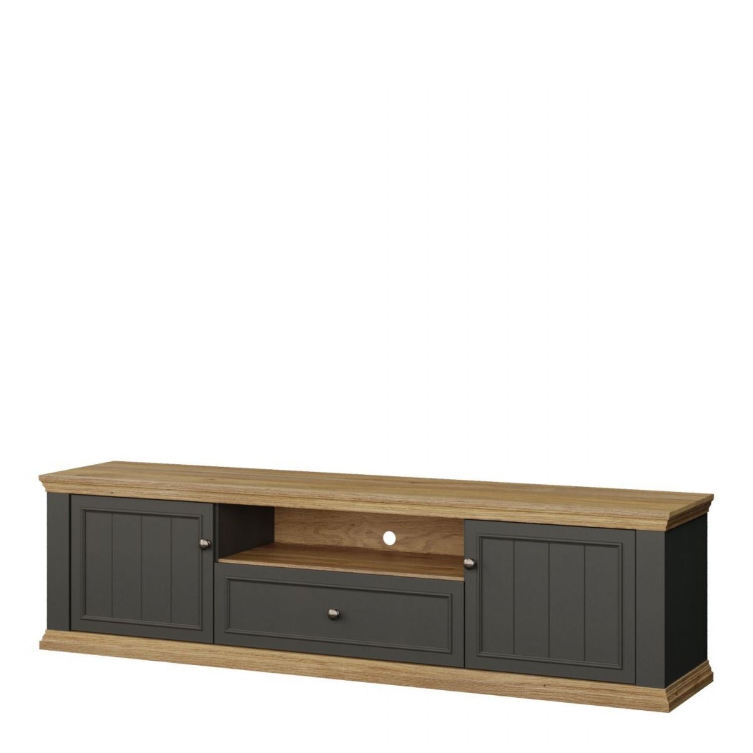 Pontypool Wide TV Unit with 2 Doors, Drawer & Open Shelf in Grey and Mauvella Oak