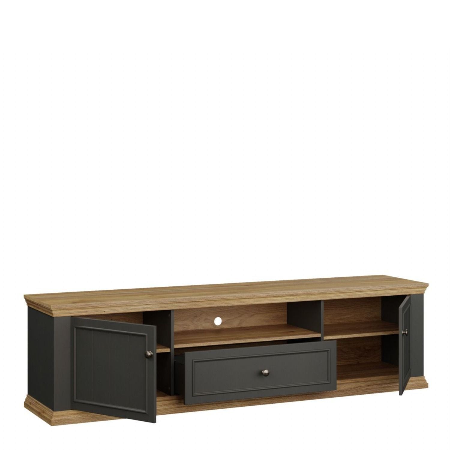 Pontypool Wide TV Unit with 2 Doors, Drawer & Open Shelf in Grey and Mauvella Oak