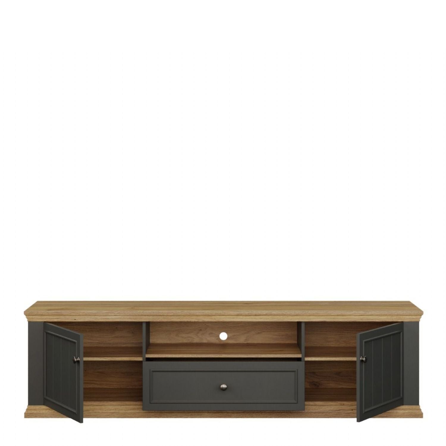 Pontypool Wide TV Unit with 2 Doors, Drawer & Open Shelf in Grey and Mauvella Oak