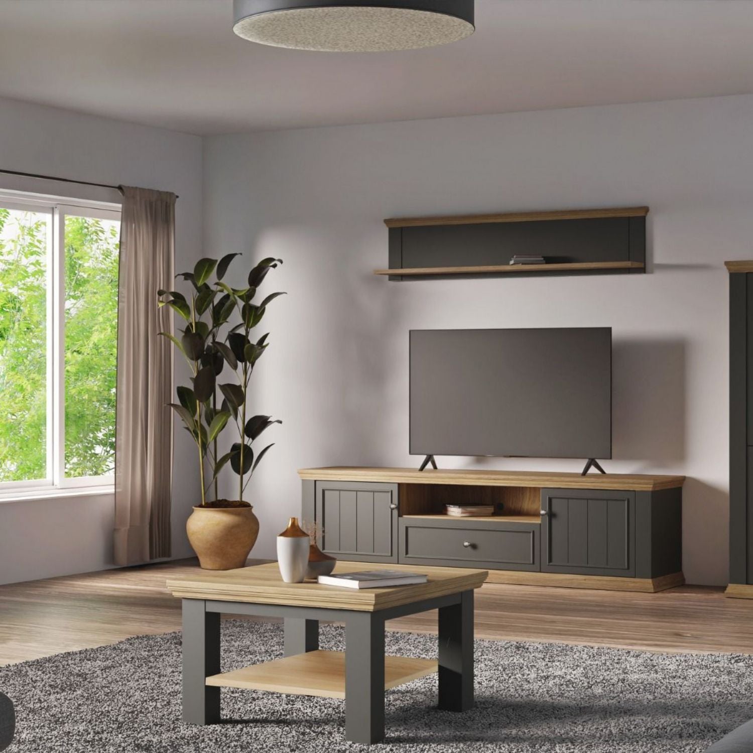 Pontypool Wide TV Unit with 2 Doors, Drawer & Open Shelf in Grey and Mauvella Oak