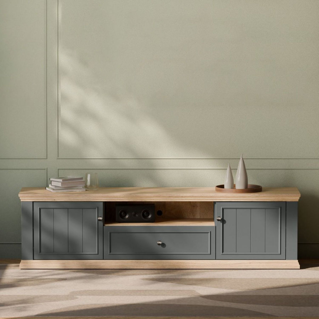 Pontypool Wide TV Unit with 2 Doors, Drawer & Open Shelf in Grey and Mauvella Oak