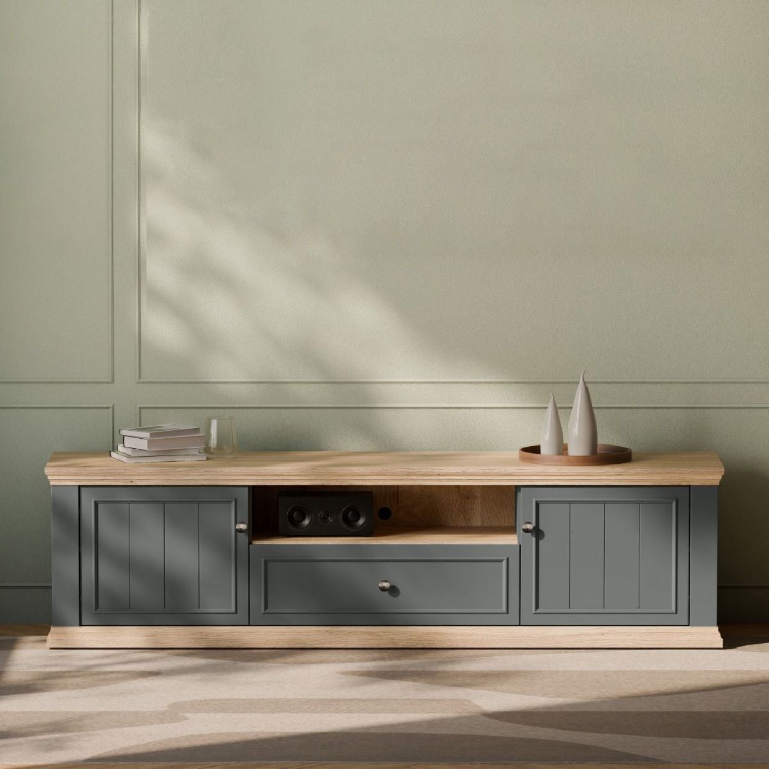 Pontypool Wide TV Unit with 2 Doors, Drawer & Open Shelf in Grey and Mauvella Oak