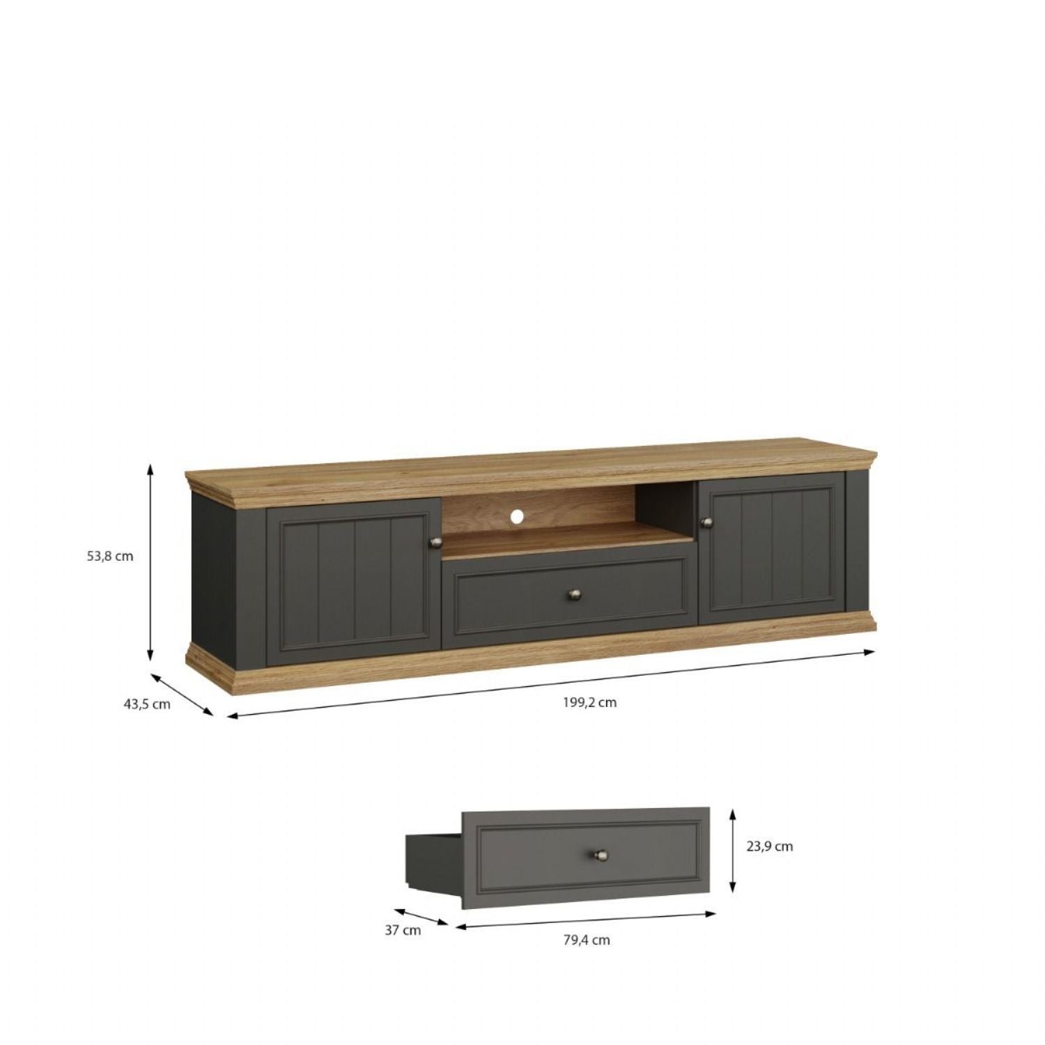 Pontypool Wide TV Unit with 2 Doors, Drawer & Open Shelf in Grey and Mauvella Oak