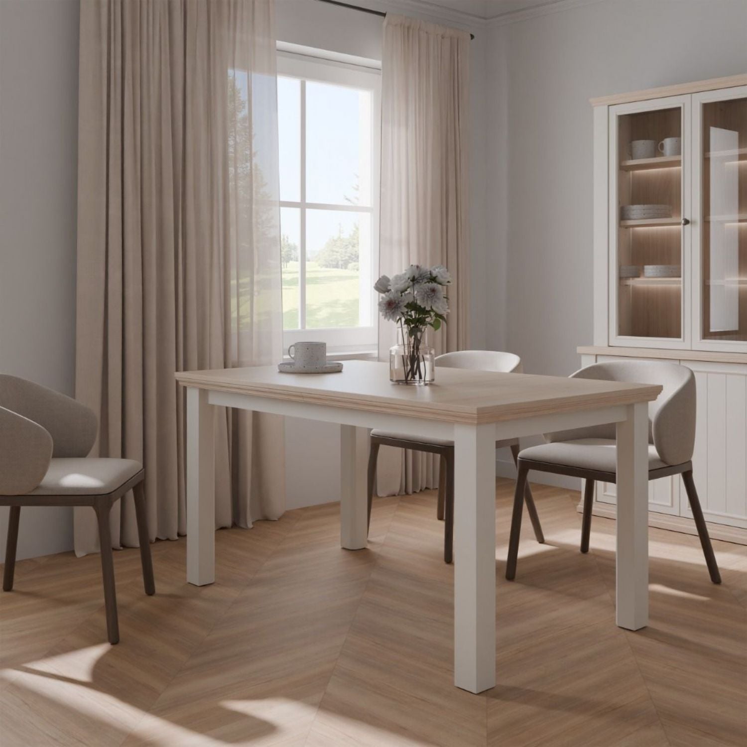 Pontypool Rectangular Dining Table 150x90cm in White and Riva Oak