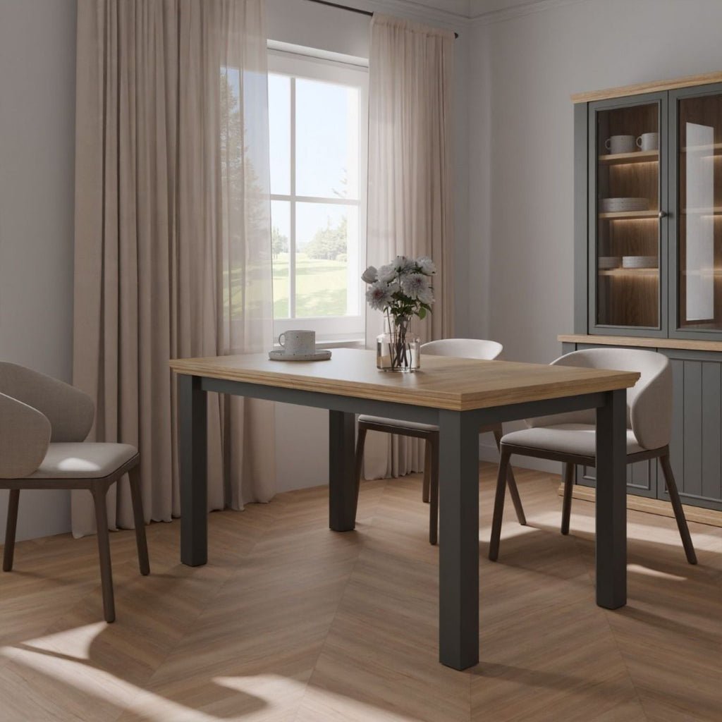 Pontypool Rectangular Dining Table 150x90cm in Wolfram Grey and Mauvella Oak