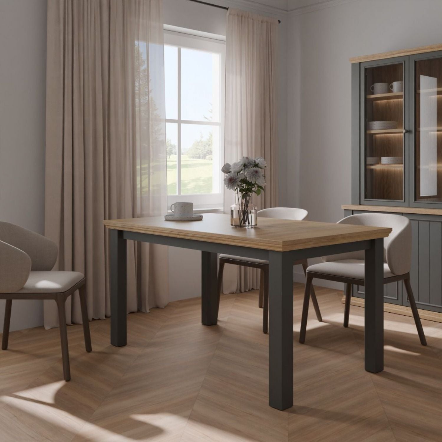 Pontypool Rectangular Dining Table 150x90cm in Wolfram Grey and Mauvella Oak