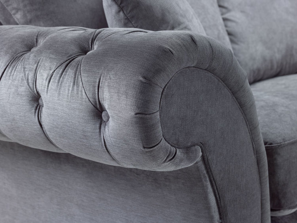 Grey Fabric Large Fullback Corner Sofa Buttoned Scroll Arms