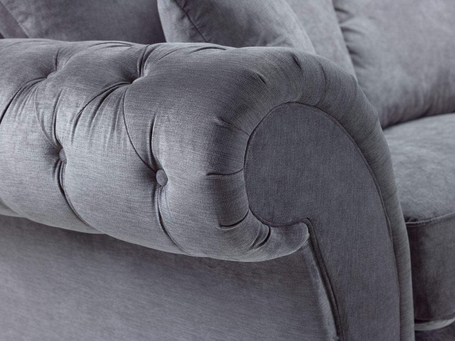 Grey Fabric Large Fullback Corner Sofa Buttoned Scroll Arms