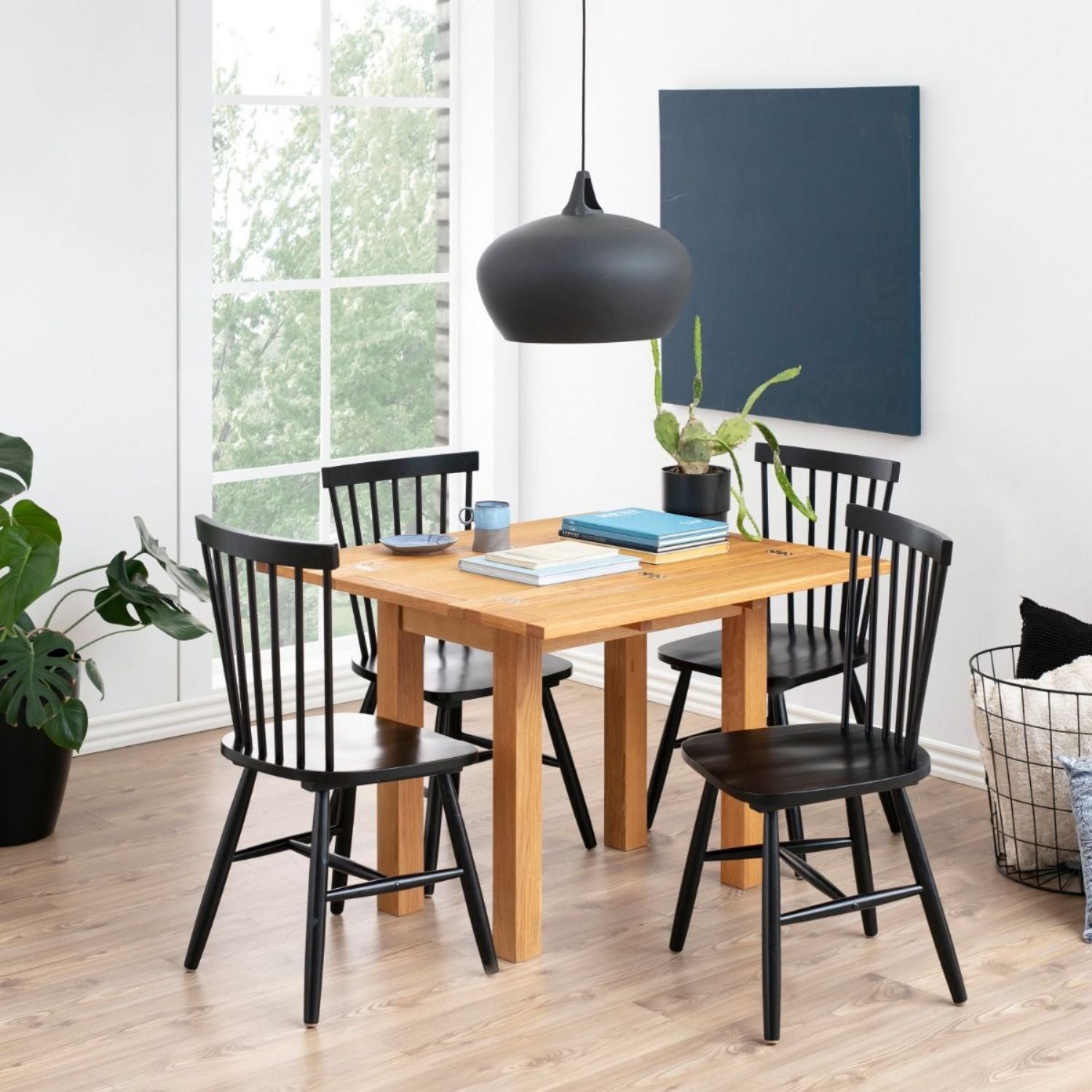 Kenley Extending Dining Table in Oak 4590cm Includes 4 Riano Dining Chairs in Black