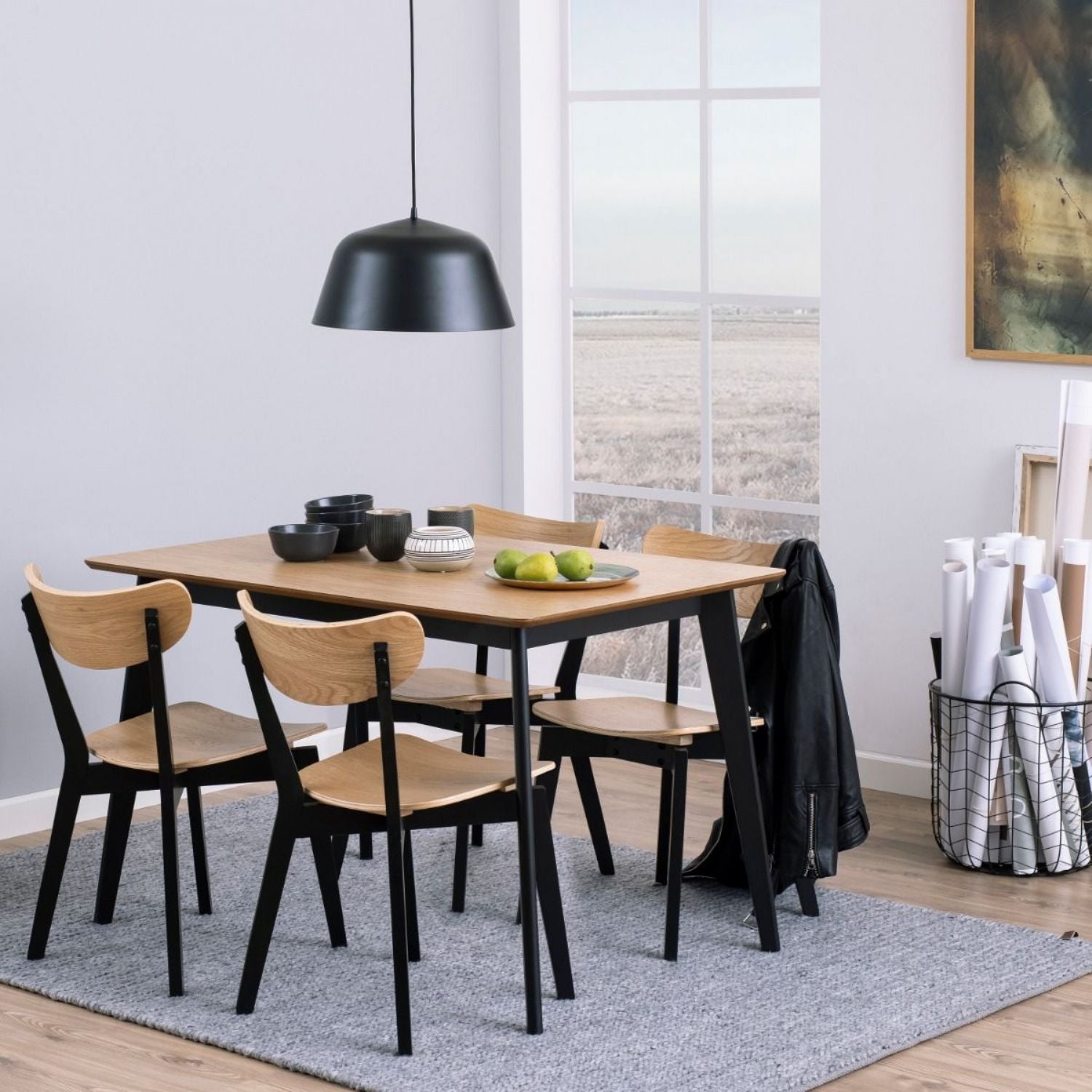 Roxby Dining Table in Oak &amp; Black includes 4 Roxby Dining Chairs in Black and Oak