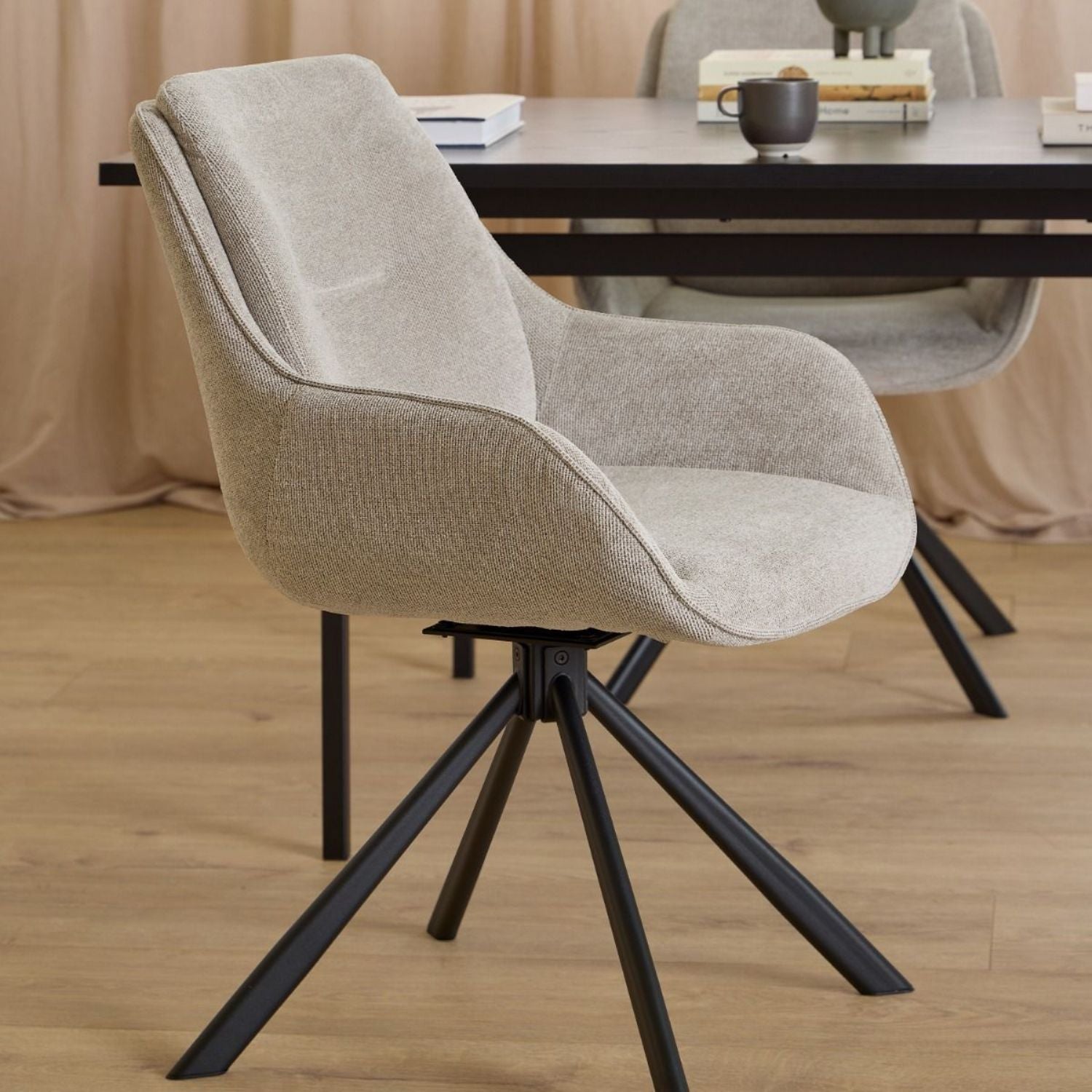 Angus Dining Table in Black includes 4 Carrie Swivel Dining Chair in Sand