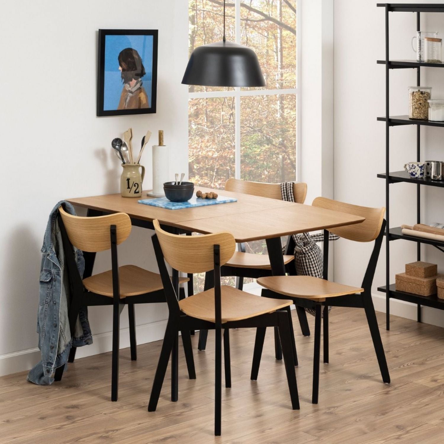 Roxby Extending Dining Table 80120cm in Oak &amp; Black Includes 4 Roxby Dining Chairs in Black and Oak