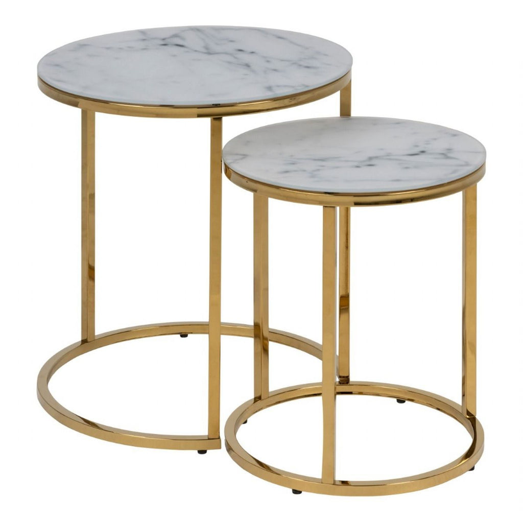 Alisma Nest of 2 Tables with White Marble Glass &amp; Gold Base