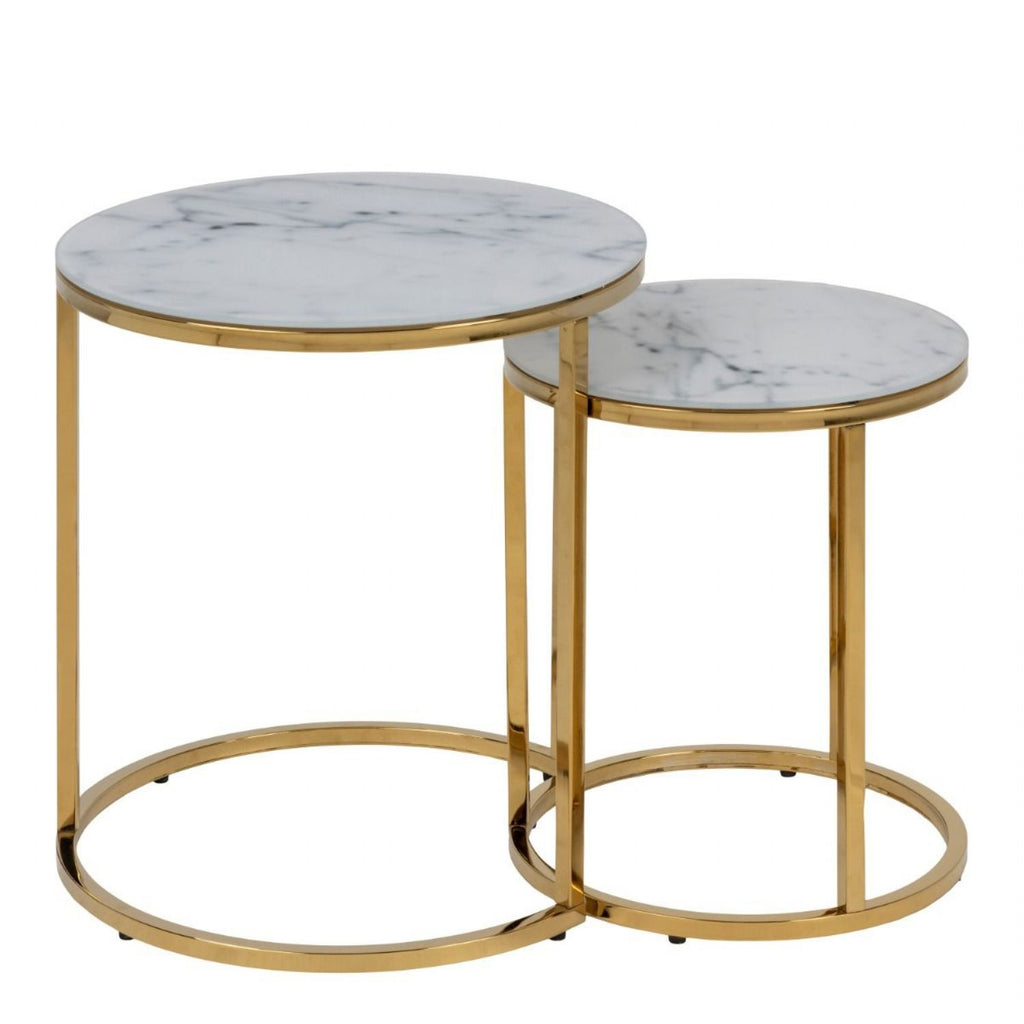 Alisma Nest of 2 Tables with White Marble Glass & Gold Base