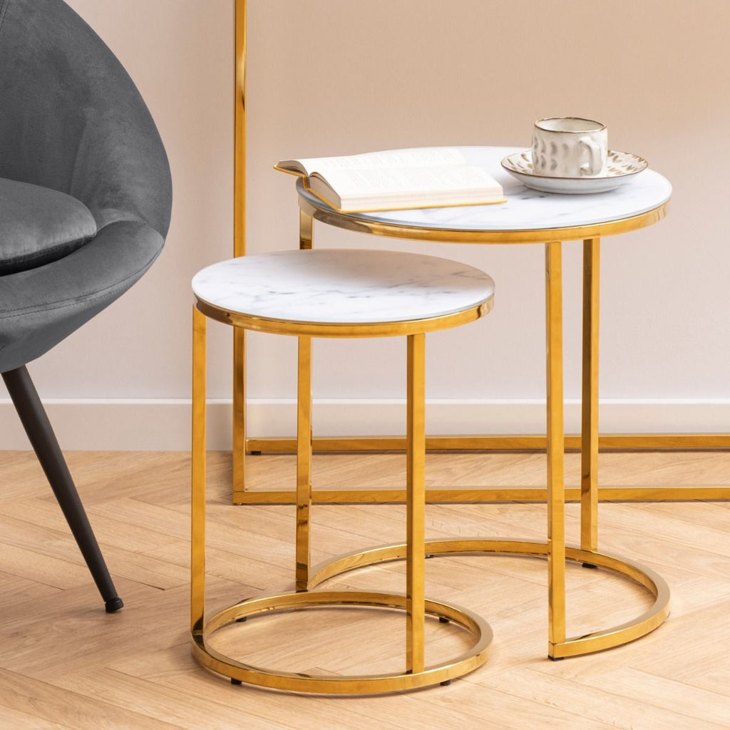 Alisma Nest of 2 Tables with White Marble Glass & Gold Base