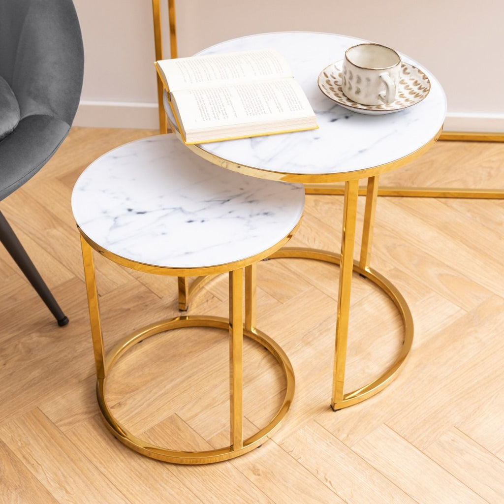 Alisma Nest of 2 Tables with White Marble Glass & Gold Base