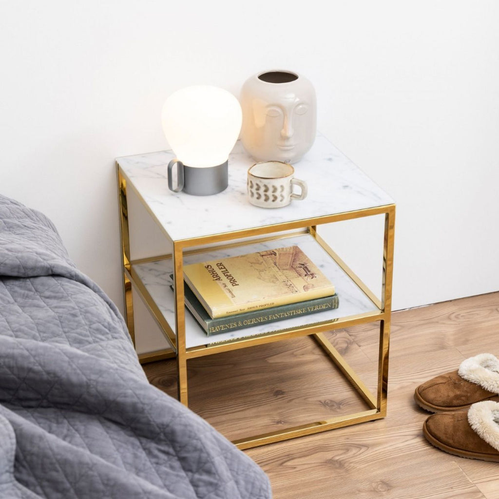 Alisma Bedside Table with White Marble Glass & Gold Base