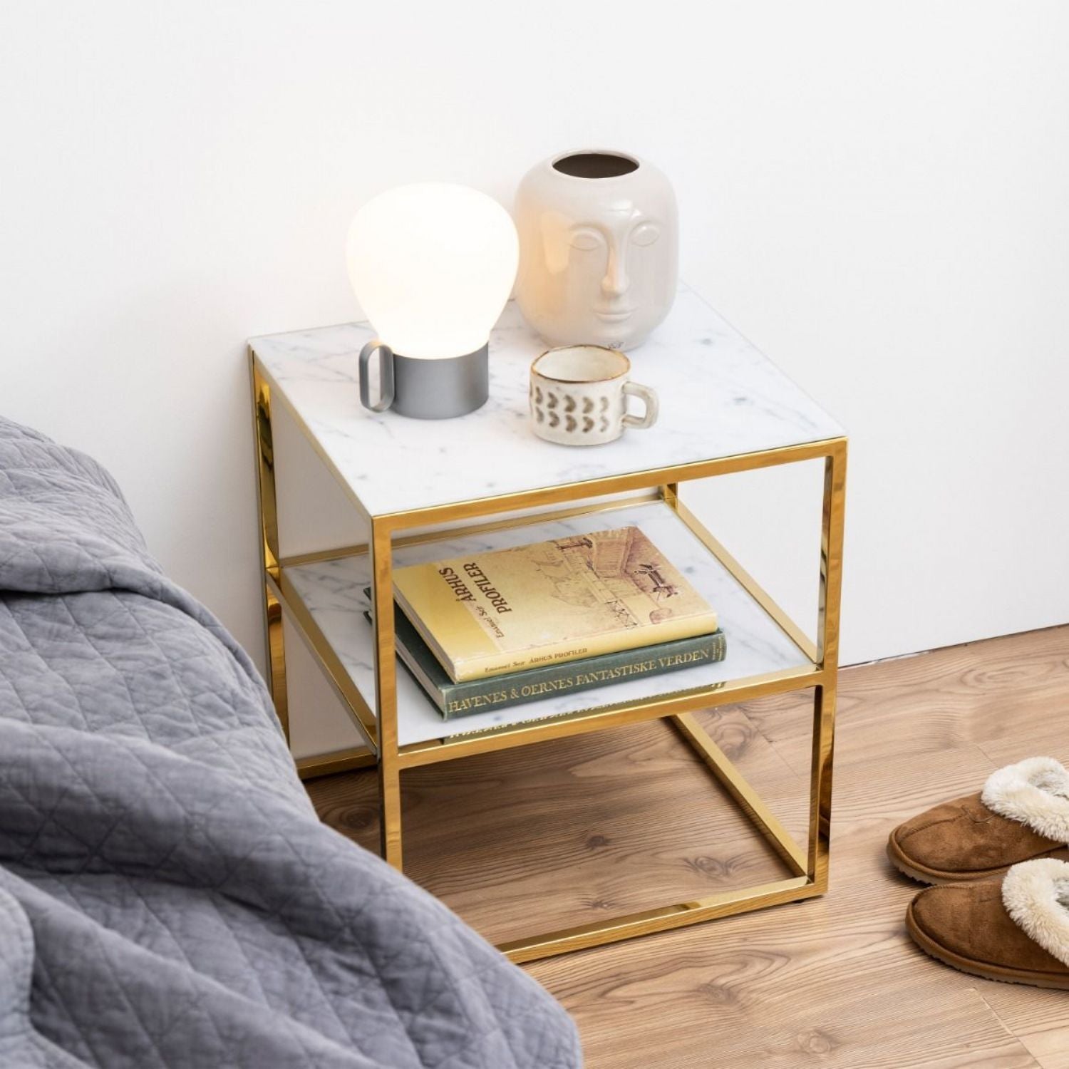 Alisma Bedside Table with White Marble Glass & Gold Base