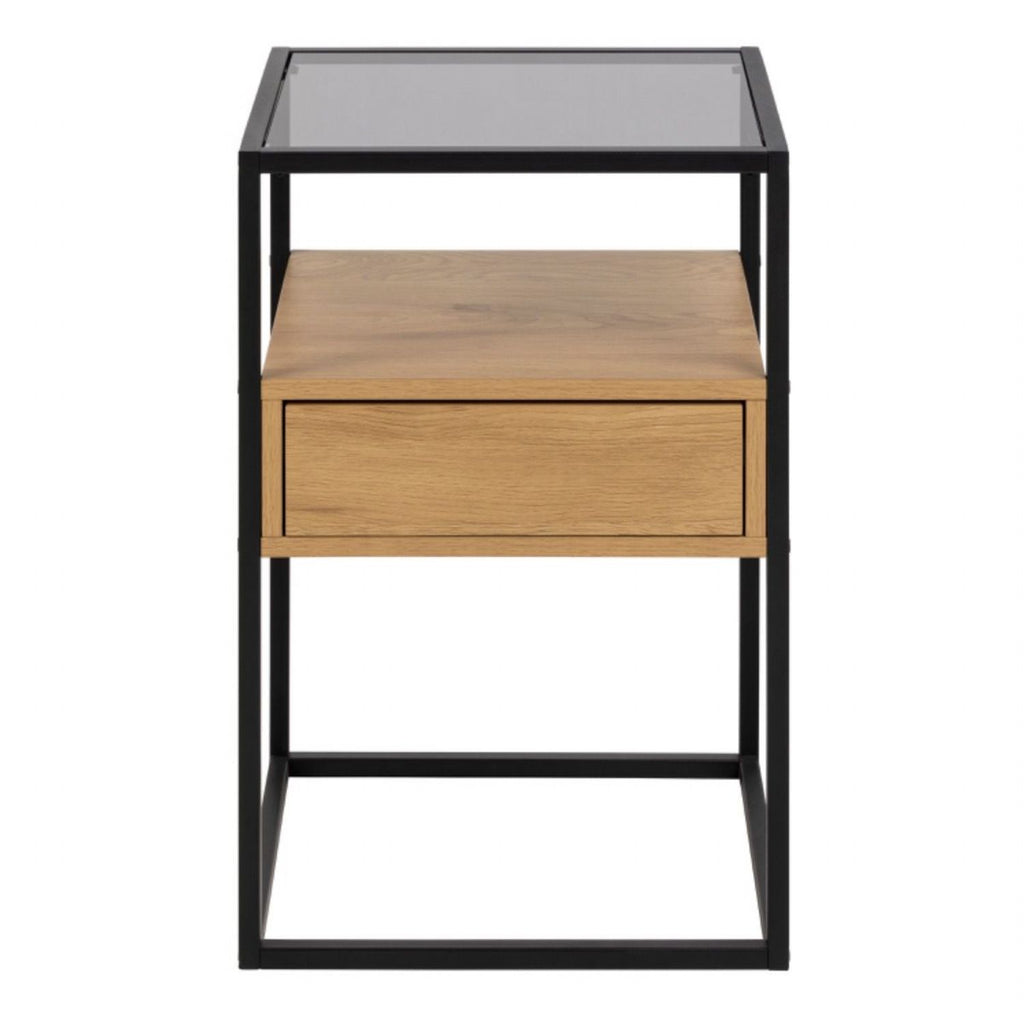 Randolf Square Bedside Table with 1 Drawer in Black and Oak