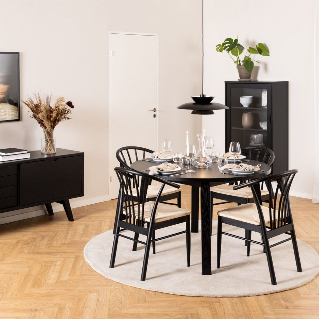 Montreux Round Extending Dining Table in Black 115154 cm includes 4 Cassandra Dining Chair includes Armrest in Black