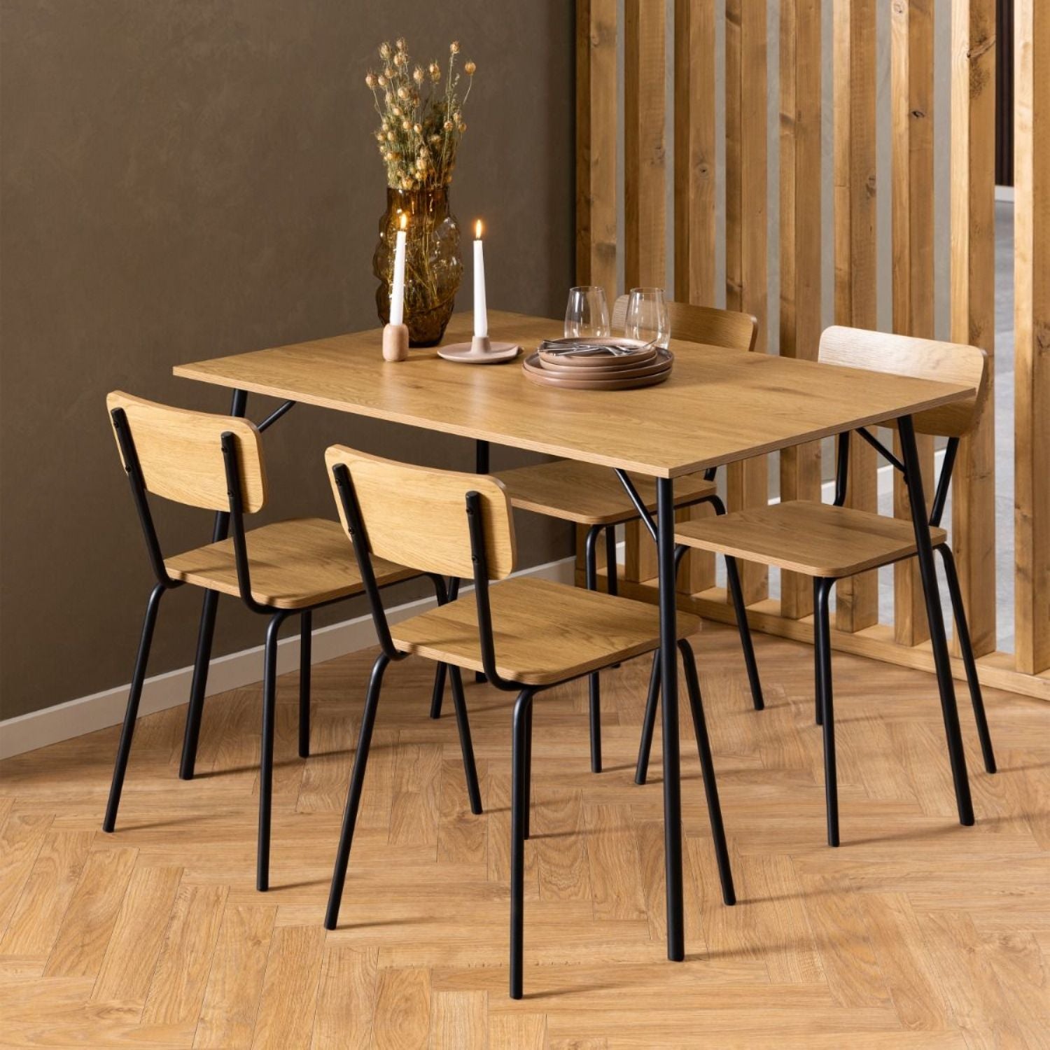 Peru Dining Table in Black and Oak includes 4 Peru Dining Chair in Steel and Oak