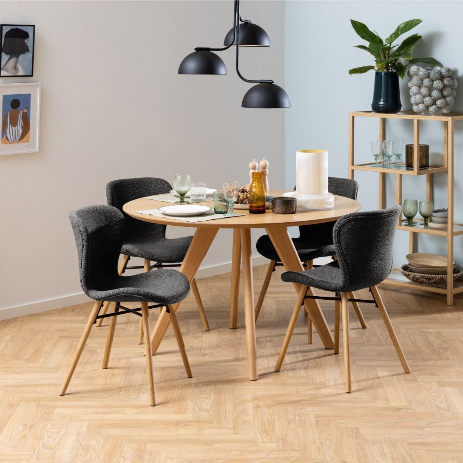 Townsville Round Dining Table in White and Oak 100x75cm includes 4 Batilda Fabric Dining Chairs in Grey and Oak