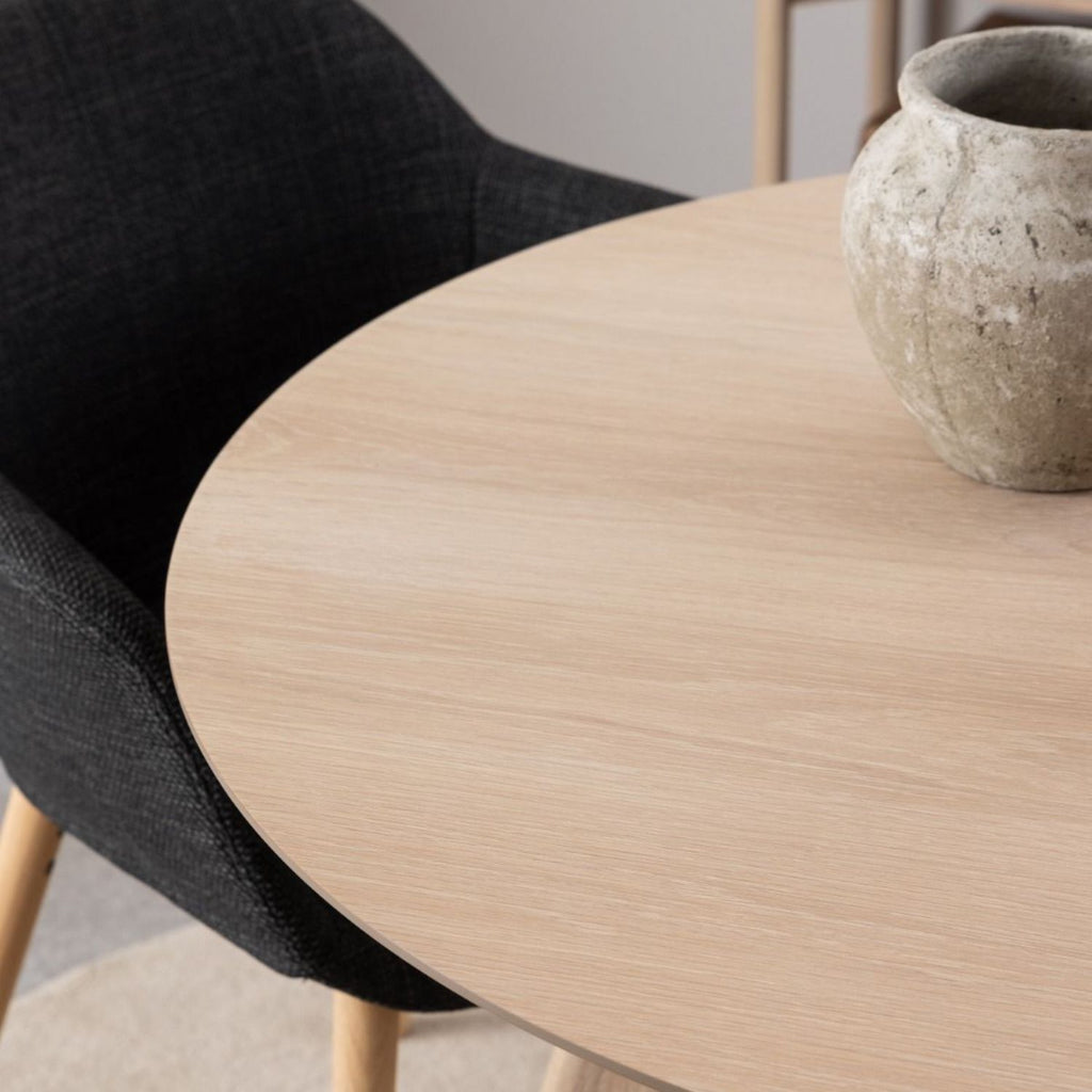 Townsville Round Dining Table in White and Oak 100x75cm includes 4 Batilda Fabric Dining Chairs in Grey and Oak