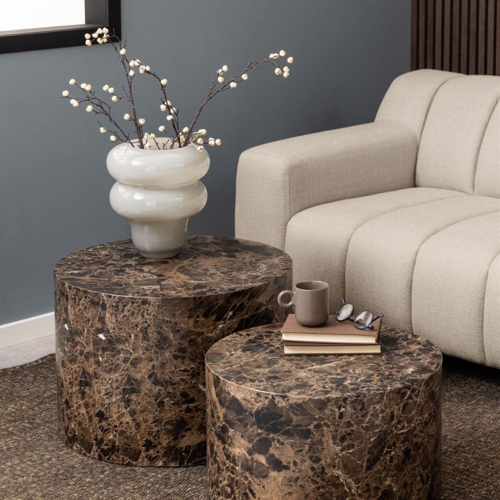 Dice Round Coffee Table Set of 2 in Brown Marble and Delhi Rough Paper