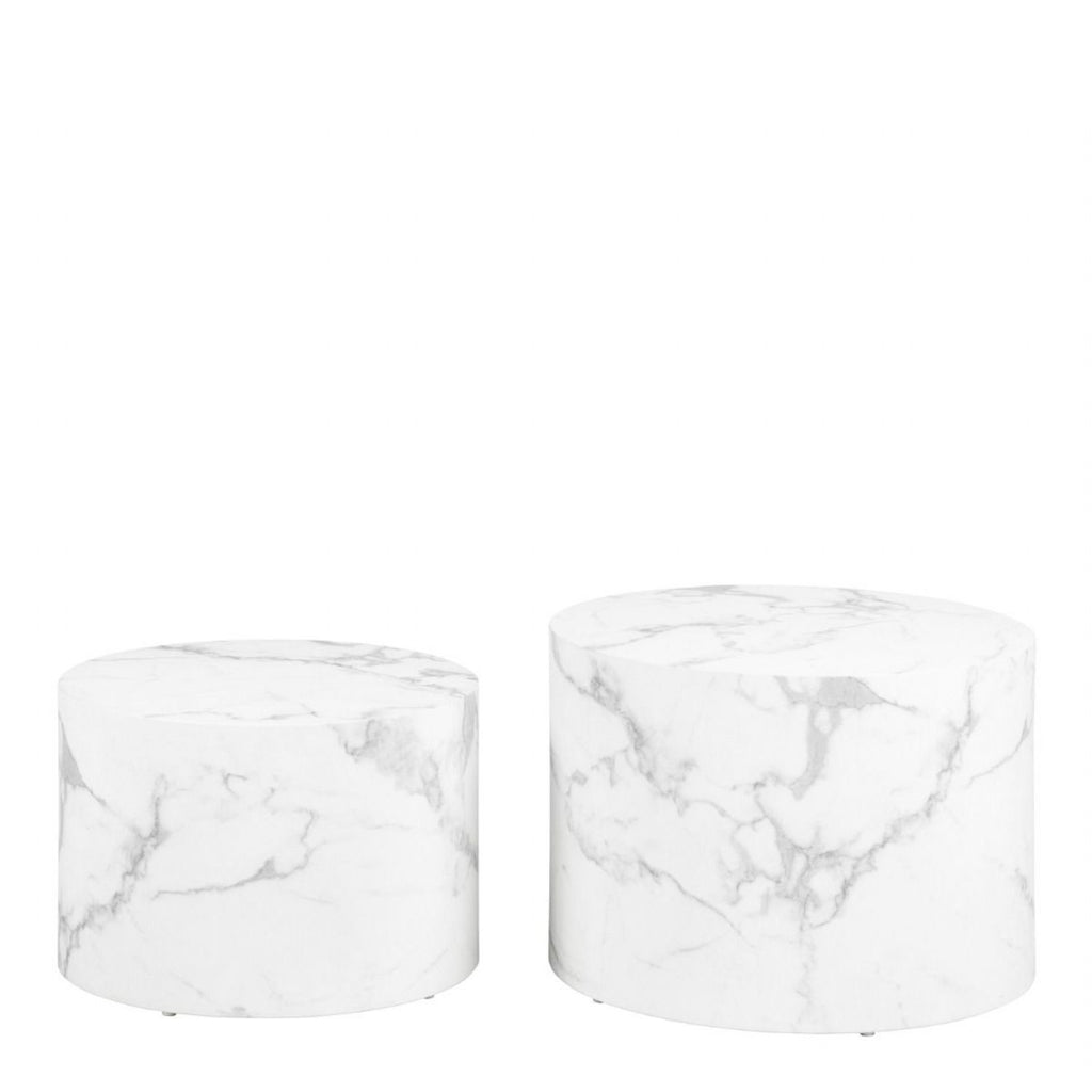 Dice Round Coffee Table Set of 2 in White Marble and Carrara Rough Paper