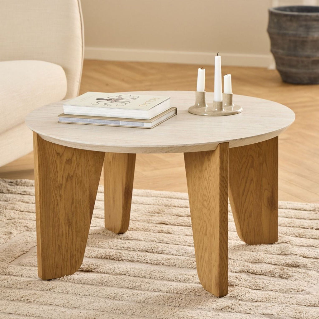 Dockland Round Coffee Table in Travertine & Wild Oak