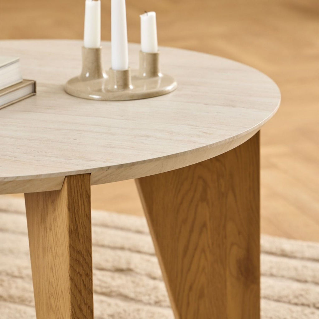 Dockland Round Coffee Table in Travertine & Wild Oak
