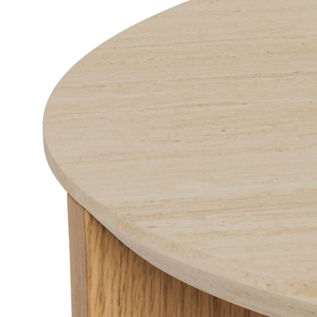 Dockland Round Coffee Table in Travertine & Wild Oak