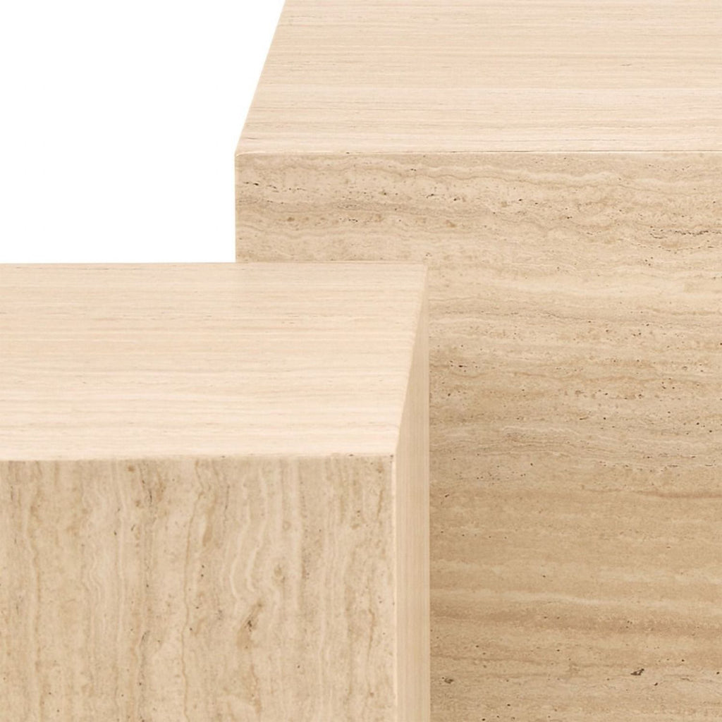 Dice Square and Rectangular Coffee Table Set of 2 in Travertine Rough Paper Effect